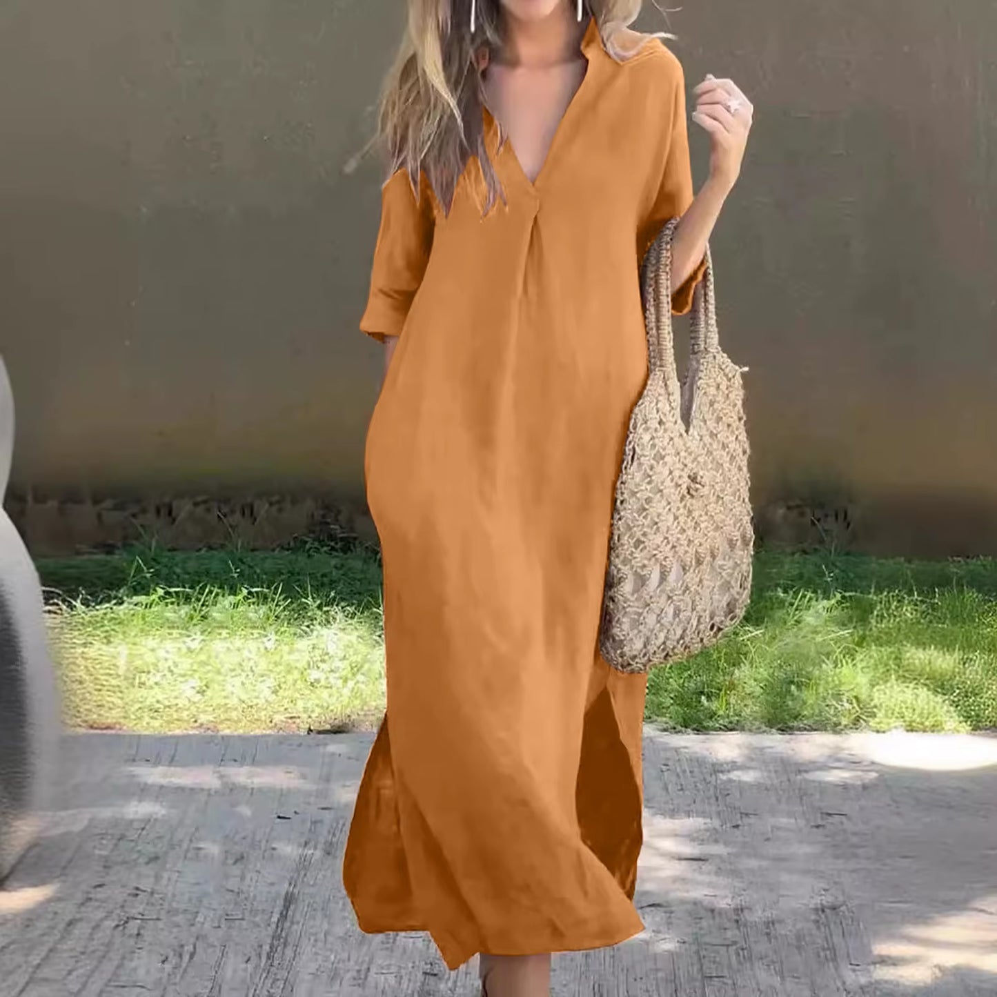 Breezy Elegance™ Summer Cotton Linen Dress – Casual V-Neck, Flowy Fit, plus Size Comfort for Women