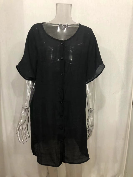 Women’S Blue Cotton Linen Oversized Shirt – Summer Short Sleeve Button Blouse, Vintage Casual Top