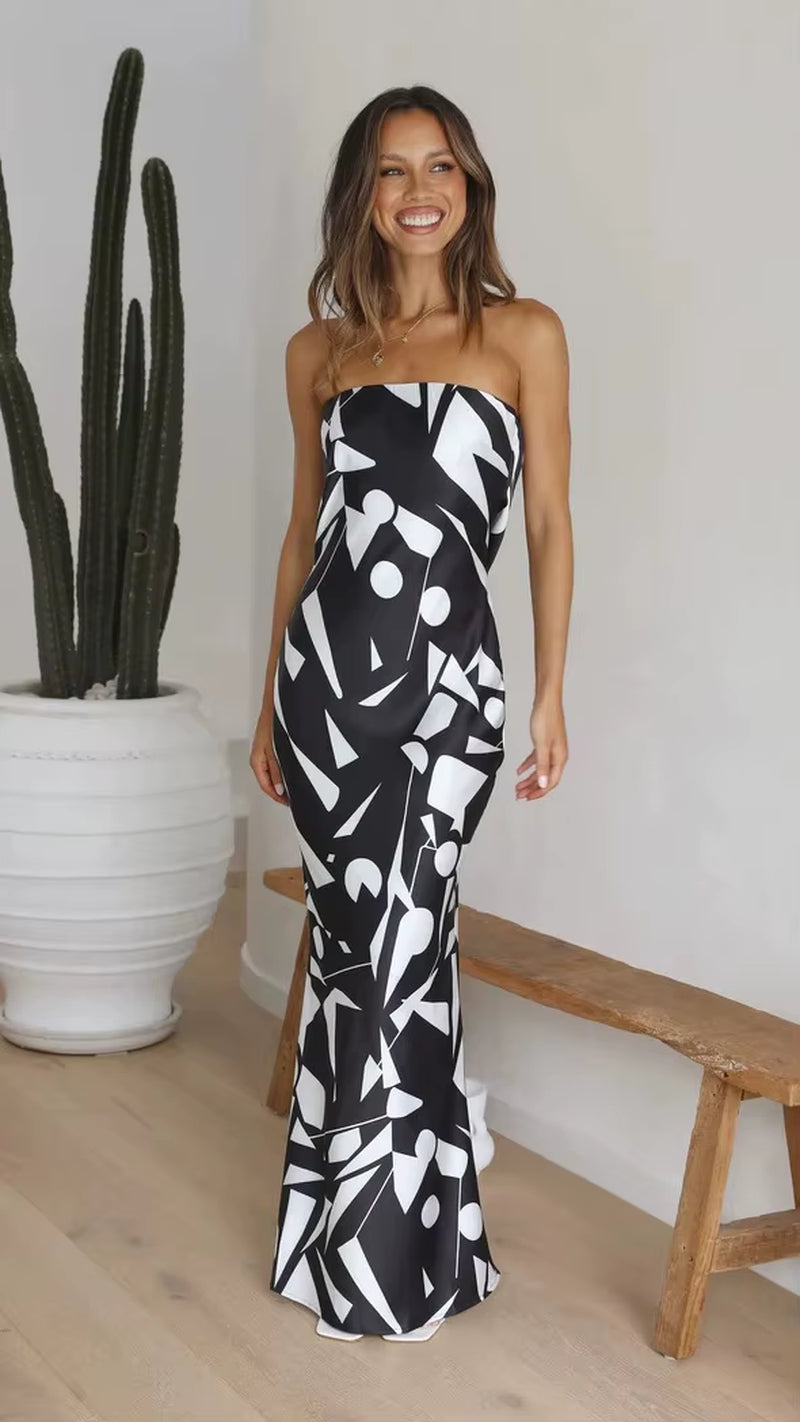 Sexy Print Slim Tube Top Bodycon Dress for Women – Backless, Sleeveless, Party Long Dress