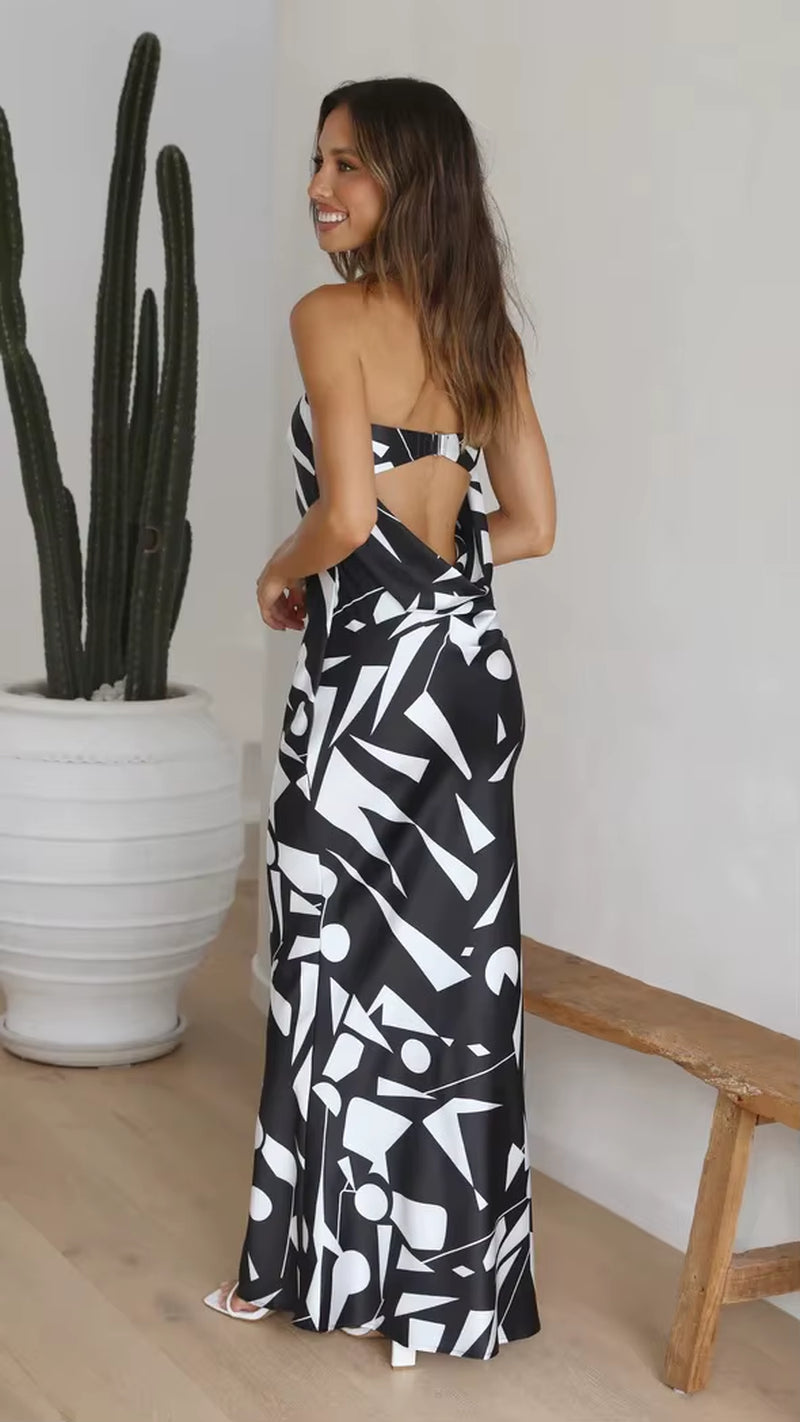 Sexy Print Slim Tube Top Bodycon Dress for Women – Backless, Sleeveless, Party Long Dress