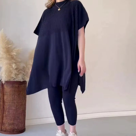 Golden Hour Luxe: Autumn Knit Batwing Top & Casual Pant Set