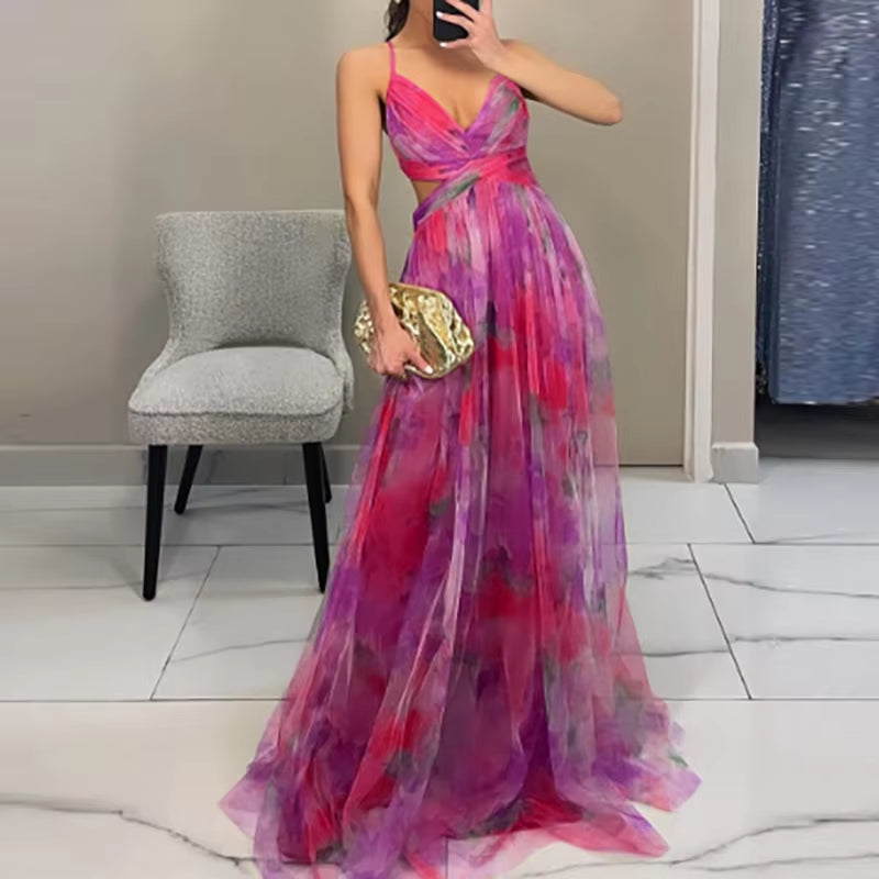 Elegant Pleated Mesh Evening Dress – off Shoulder, Backless, High Waist Long Vacation Dress for Women